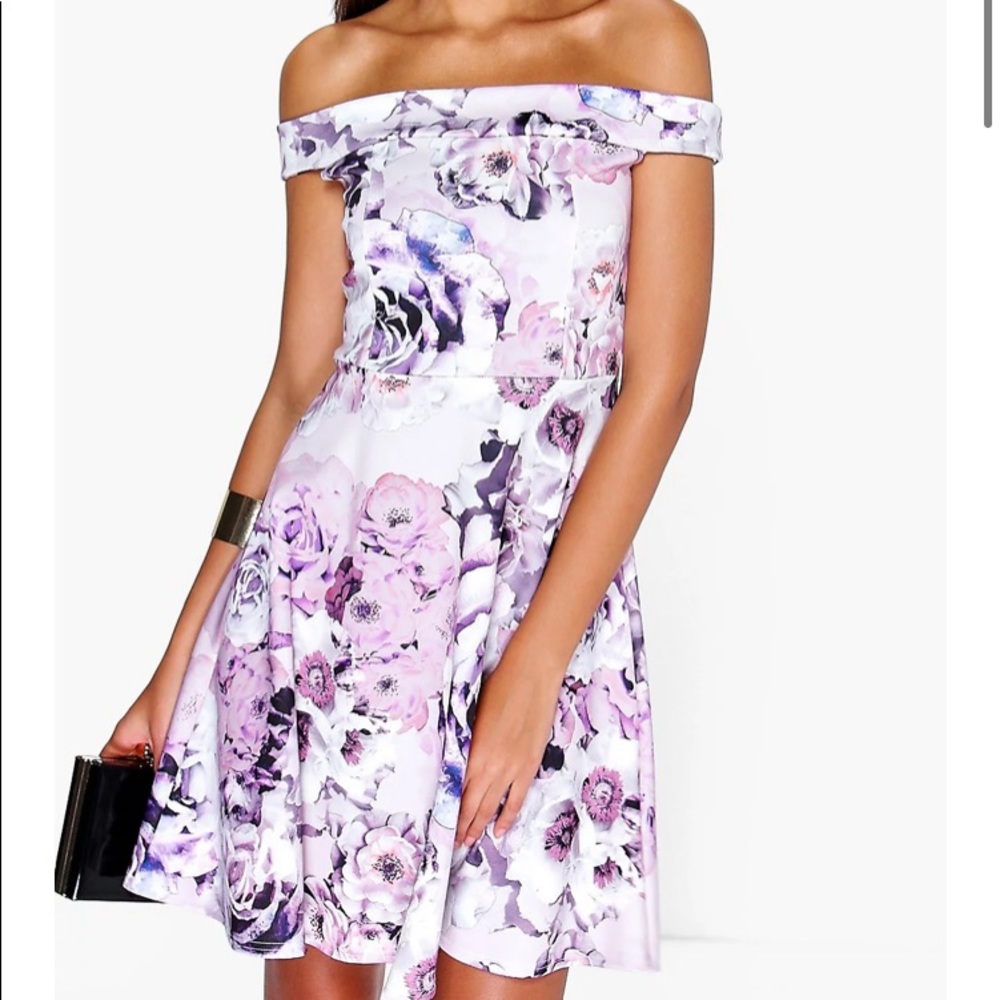 🎉HP🎉NWT🎉Boo Hoo/Off The Shoulder Flloral Skater Dress✨Measurements Below✨ - Picture 5 of 8